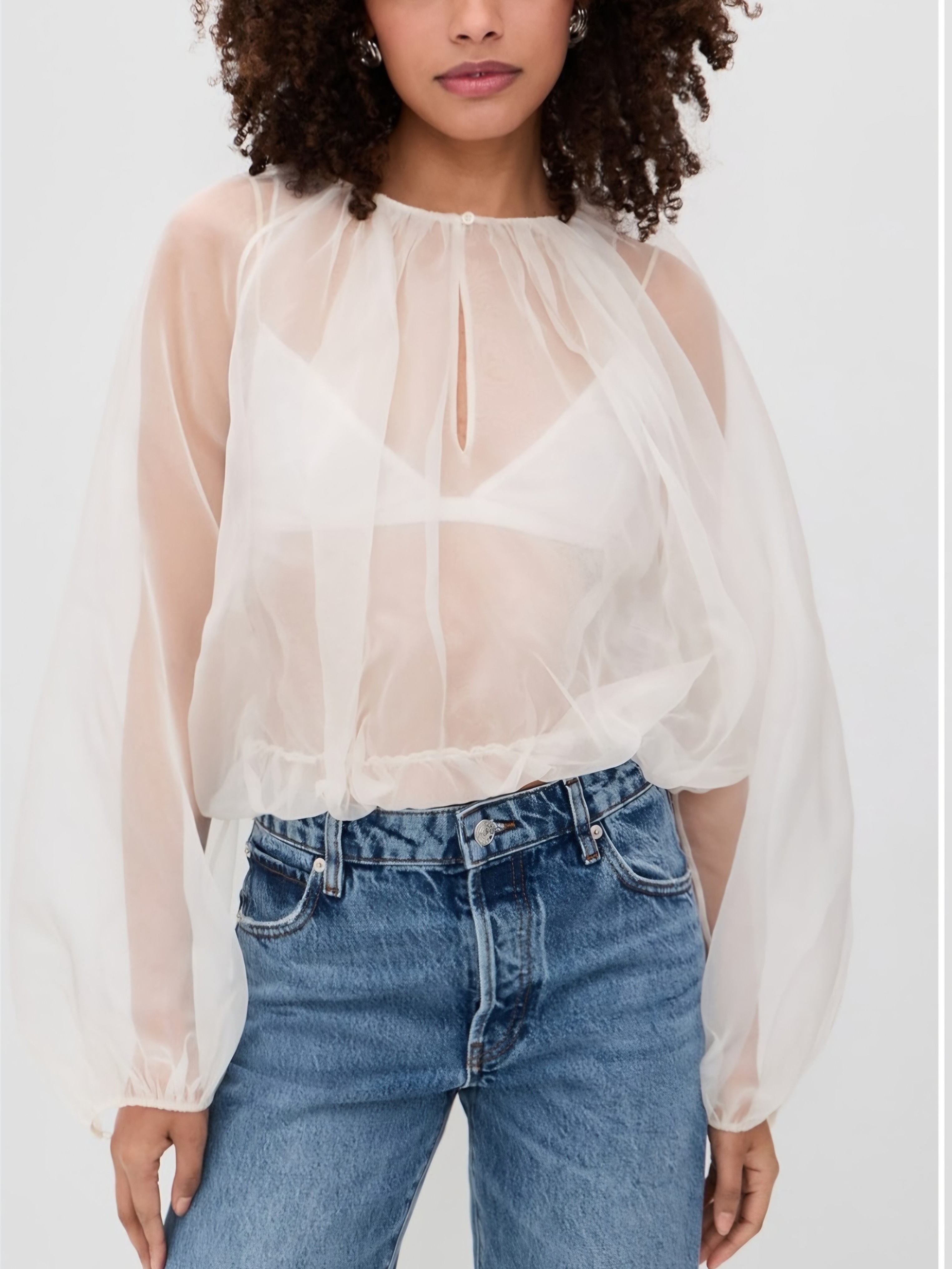 Sheer Watercolor Bird Blouse In Soft Peach & Cream Ballon Sleeves Pull On